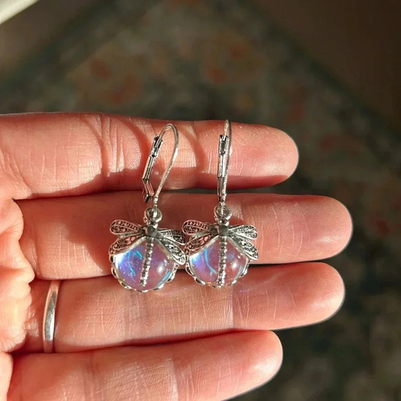 Dragonfly Faux Crystal Earrings in clear/blue iridescent w silver - Picture 3 of 3
